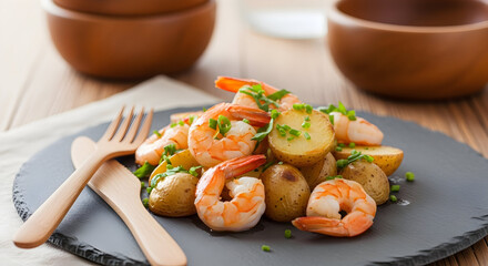 Delicious shrimp and potato salad served on a slate plate with wooden utensils on the side