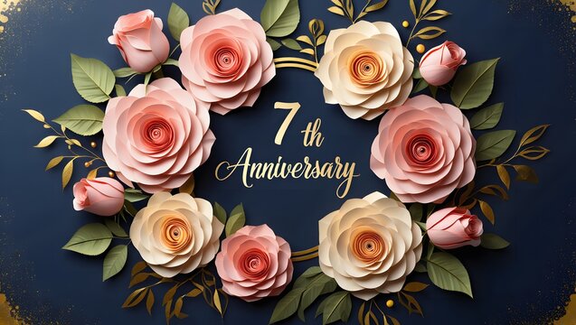 Elegant 7th anniversary illustration with a floral wreath of pastel roses and golden accents on a dark blue background, symbolizing love and celebration