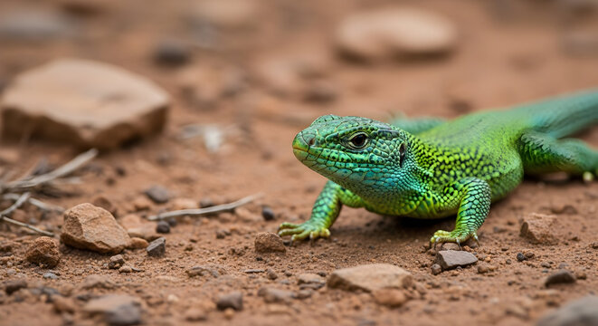 European green lizard on the ground in wild nature with rocks in background