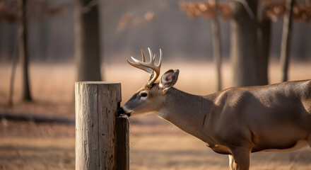 White tailed deer buck drinking water from a post in a field during autumn