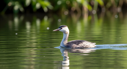 Great crested grebe swimming gracefully on a tranquil lake in the summer season