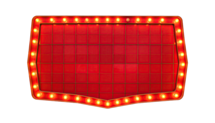 Retro, red marquee with glowing, yellow bulbs; a vintage display, black background