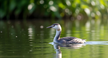 Great crested grebe swimming gracefully on a tranquil lake surrounded by lush greenery