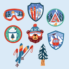Seamless vector pattern with vintage ski patches. Hand drawn cute ski badges. Perfect for textile, wallpaper or nursery print design. EPS10 vector file.