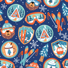Seamless vector pattern with vintage ski patches. Hand drawn cute ski badges. Perfect for textile, wallpaper or nursery print design. EPS10 vector file.
