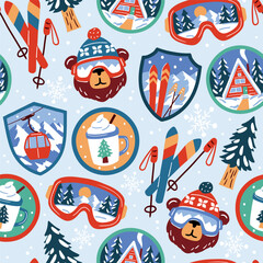 Seamless vector pattern with vintage ski patches. Hand drawn cute ski badges. Perfect for textile, wallpaper or nursery print design. EPS10 vector file.
