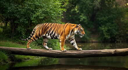 Majestic bengal tiger walking on a fallen tree trunk over a river in the jungle forest