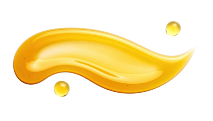 Artistic depiction of viscous, golden substance with glossy finish and two droplet accents