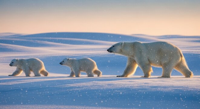 Polar bear mother with cubs walking on arctic ice