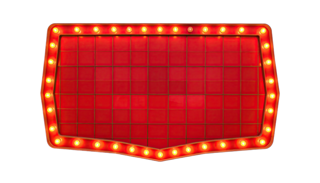 Retro, red marquee with glowing, yellow bulbs; a vintage display, black background