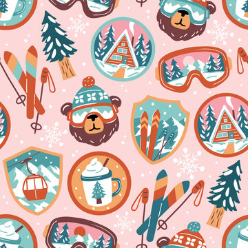 Seamless vector pattern with vintage ski patches. Hand drawn cute ski badges. Perfect for textile, wallpaper or nursery print design. EPS10 vector file.