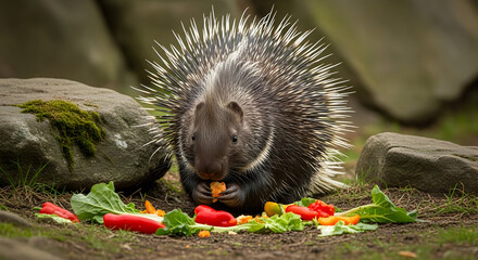 A north american porcupine eating vegetables in a forest with rocks in the background