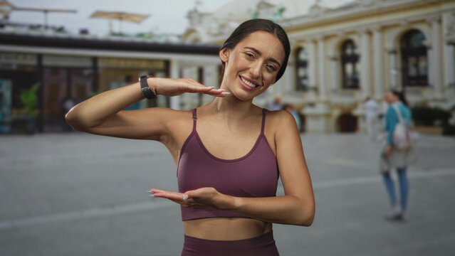 Woman in crop top framing hands in a measuring gesture on street outside ornate building; confidence wellness.