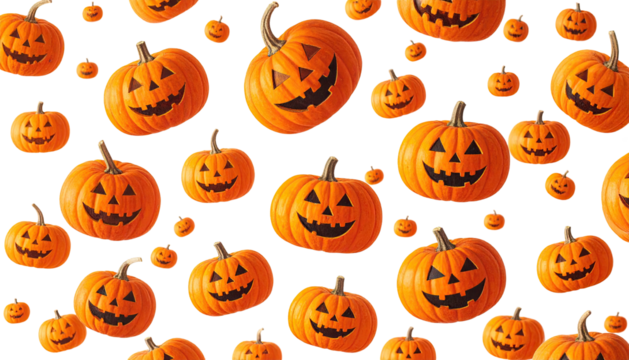 A black background covered with many smiling jack-o'-lanterns