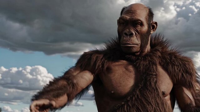 Wide-angle video scene of prehistoric life, showcasing early humans and mammoths in a lush landscape under dramatic clouds, captured from a low angle.