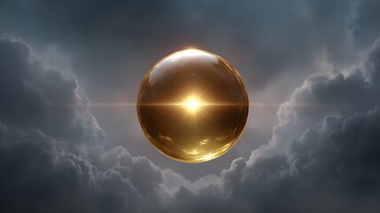 Obraz premium A luminous golden sphere radiating intense light and flares hovers within a dramatic stormy cloudscape