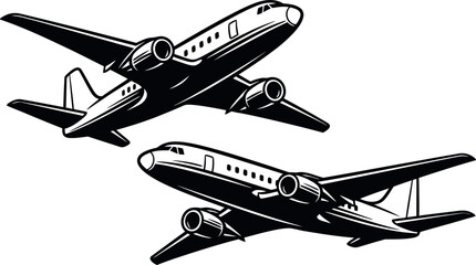 Vintage twin engine propeller airplanes flying in formation isolated on white background