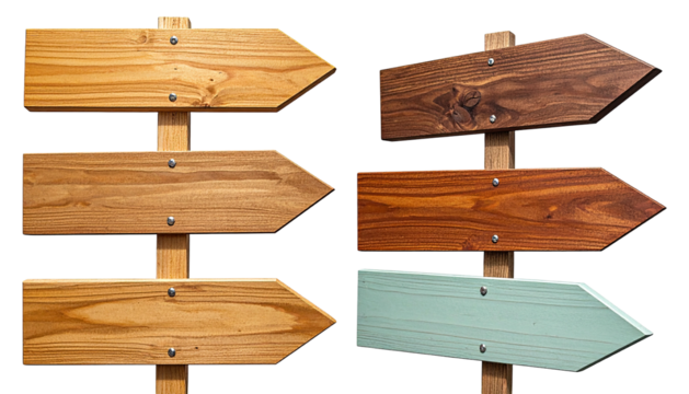Wooden directional signs with multiple arrow-shaped boards pointing in various directions