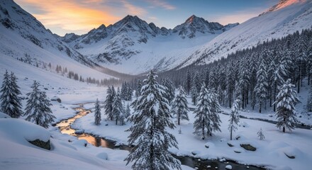 Snowy mountain landscape with trees and a stream