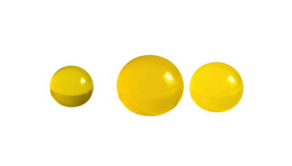 Three glowing yellow spheres with reflections against a stark black background