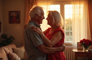 Elderly couple slow dancing together in living room near window. Man and woman embrace, smiling warmly, enjoying romantic moment. Warm light fills room as they sway to music. Couple expresses love.
