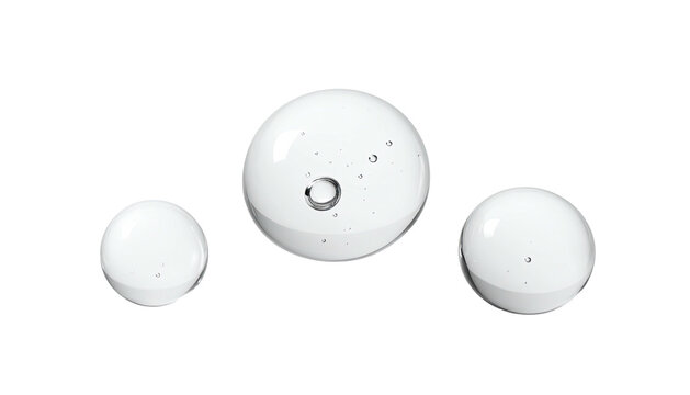 Close-up of three clear gel droplets against a solid black background, showcasing detail