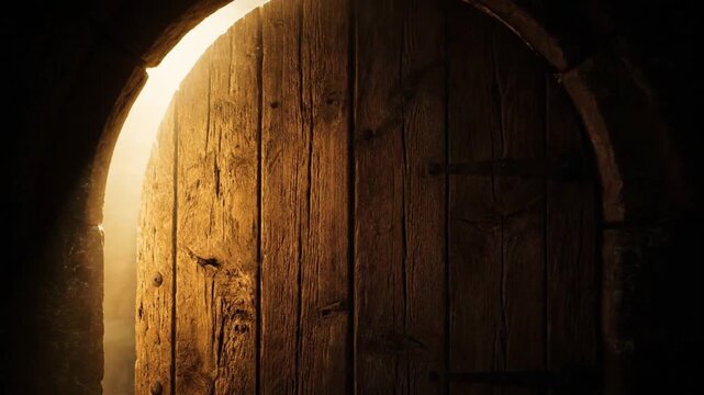 Bright light streams from a slightly open ancient wooden door under a stone archway