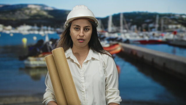 Woman architect in hardhat holds three rolled plans at a harbor building on the port promenade; determination planning. - Powered by Adobe