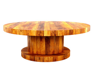 Round wooden table with modern design, featuring thick cylindrical base and polished wood grain surface, suitable for dining room or meeting space, warm and inviting style