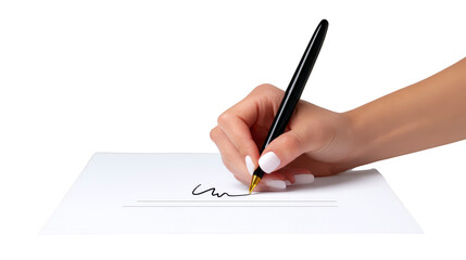 Hand holding black pen signing white paper close up isolated on transparent background business contract agreement signature professional legal document confident gesture modern office concept