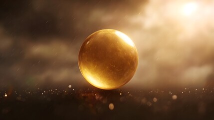 A golden sphere glows with warm light amidst gentle rain and dramatic clouds