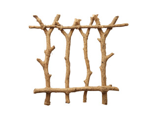 Rustic wooden fence made from natural tree branches, isolated on transparency background, showing rough texture and organic design, suitable for garden, countryside, or outdoor decoration