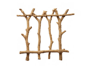 Rustic wooden fence made from natural tree branches, isolated on transparency background, showing rough texture and organic design, suitable for garden, countryside, or outdoor decoration