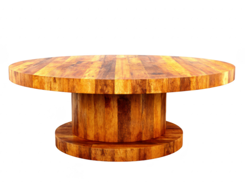 Round wooden table with modern design, featuring thick cylindrical base and polished wood grain surface, suitable for dining room or meeting space, warm and inviting style