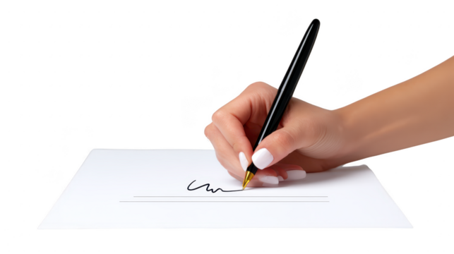 Hand holding black pen signing white paper close up isolated on transparent background business contract agreement signature professional legal document confident gesture modern office concept