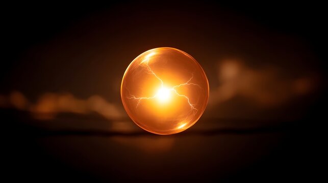 A glowing orange orb with internal lightning and a mystical aura against a dark background