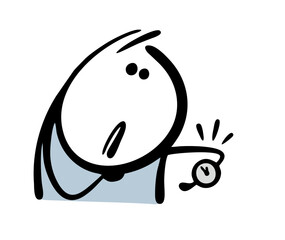 Confused, Stickman looks at his wristwatch. Vector illustration of a man being late for a meeting or for work. The cartoon character is waiting.