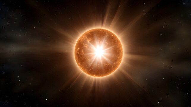 A radiant energetic star with prominent solar flares and brilliant light rays against a dark cosmic background