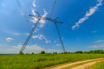 Stunning Scenic Power Lines Stretching Against a Bright and Clear Blue Sky Above