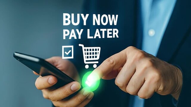 Hand Tapping Smartphone Screen for 'Buy Now Pay Later' Online Shopping, Illustrating Flexible Payment Options and Mobile Commerce Convenience