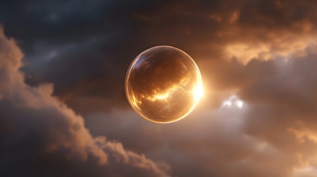 A glowing golden sphere floats in a dramatic stormy sky at sunset with radiant light