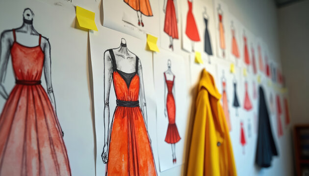 Fashion designer sketches with dresses hang on wall. Yellow coat and black jacket placed nearby. Creative atelier workspace with clothing drafts displayed.