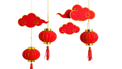 Festive red lanterns and clouds with gold accents suspended against a black background