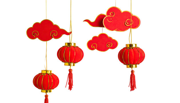 Festive red lanterns and clouds with gold accents suspended against a black background