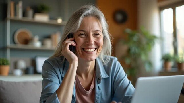Elderly woman with gray hair talking on smartphone while working on laptop at home. Cozy workspace with natural light, houseplants, and modern decor in background. Remote work concept.