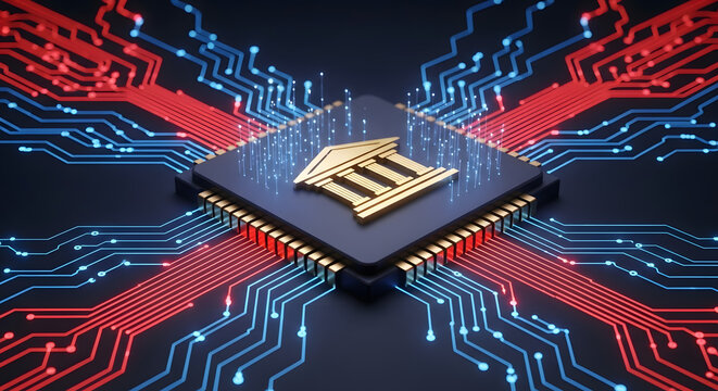 A conceptual image illustrating the integration of digital banking and financial technology, featuring a microchip with a bank icon surrounded by glowing circuit board traces, symbolizing secure data.
