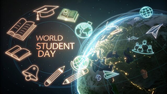 A futuristic digital globe surrounded by glowing icons symbolizing technology innovation education and global connectivity with bright vibrant tones.