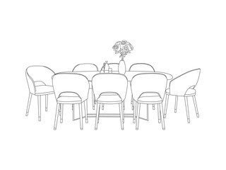 Minimal black and white line art of a modern dining table with chairs and a flower vase.
Perfect for interior design projects, furniture illustrations, home decor concepts, and coloring pages.