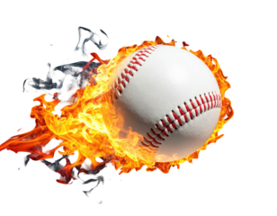 A baseball in a blazing inferno with flames trailing behind it against a transparent background