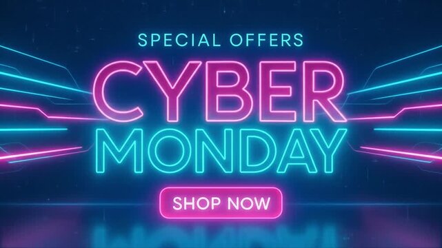 Cyber Monday Special Offers Neon Glow Banner for Online Shopping Promotion with Futuristic Digital Design